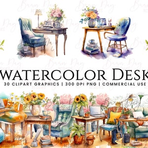 30 Watercolor Desk clipart bundle , commercial use, digital download, instant download, digital planner, sublimation design, Clip art