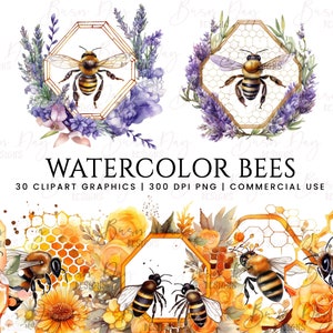 Lot de 30 abeilles aquarelles, usage commercial, téléchargement numérique, téléchargement immédiat, oeuvre d'art imprimable, agenda numérique, art mural