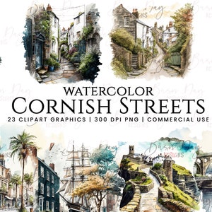 Akvarell Cornish Street Clipart: 23 PNG-grafik (digital nedladdning)