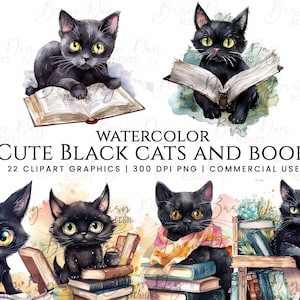 22 aquarelle mignon chat noir & livres clipart, clipart aquarelle, téléchargement numérique, téléchargement immédiat, impressions numériques, agenda numérique