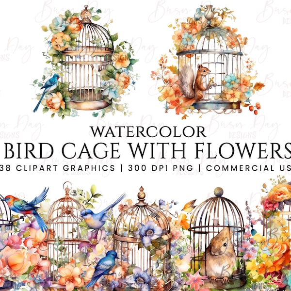 38 Watercolor bird cage with flowers clipart bundle, digital download, digital planner, instant download, watercolor clipart png files