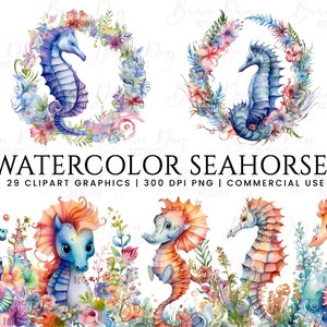 29 Watercolor Seahorse clipart bundle, digital download, digital paper, digital planner, instant download, digital prints