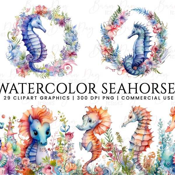29 Watercolor Seahorse clipart bundle, digital download, digital paper, digital planner, instant download, digital prints
