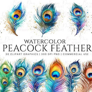 Paquete de 30 imágenes prediseñadas de plumas de pavo real de acuarela, Descarga digital, Planificador digital, Descarga instantánea, Imágenes prediseñadas de acuarela, Uso comercial,