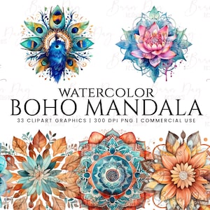33 Pacchetto clipart Acquerello Boho Mandala, pacchetto clipart, uso commerciale, download digitale, download istantaneo,