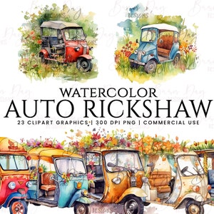 23 Watercolor Auto Rickshaw clipart bundle, digital download, digital crafting, digital planner, instant download, digital prints, wall art