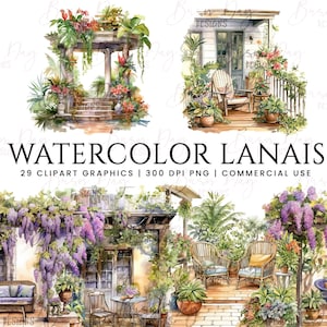 29 Watercolor Lanais clipart bundle, commercial use, digital download, instant download, digital planner