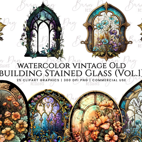 Watercolor Period Shape Stained Glass window , clipart bundle, commercial use, digital download, instant download, vintage windows clipart