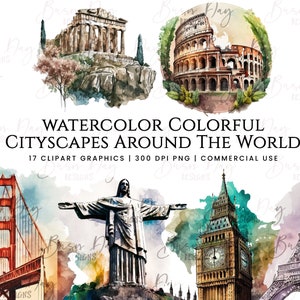 17 Aquarelle paysage urbain autour du monde Clipart, ensemble de cliparts, usage commercial, téléchargement numérique, téléchargement immédiat, agenda numérique,