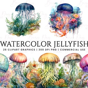 26 Watercolor Jellyfish Clipart, clipart bundle, commercial use, digital download, instant download, Clip art, sublimation design, wall art