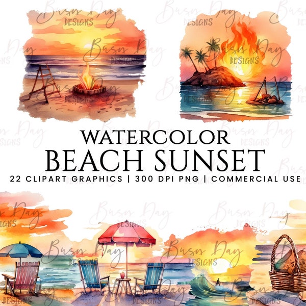 22 Watercolor beach Sunset clipart bundle, digital download, digital planner, instant download, watercolor clipart,commercial use