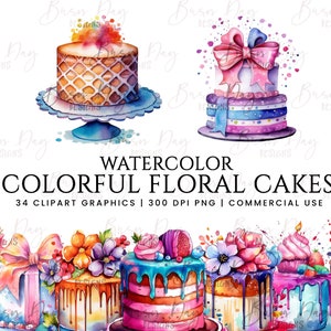 Pacote de clipart de bolo floral colorido em aquarela, clipart em aquarela, download digital, download instantâneo, impressões digitais, uso comercial