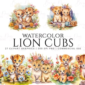 Paquete de 27 imágenes prediseñadas de cachorros de león de acuarela, Imágenes prediseñadas de acuarela, Descarga digital, Descarga instantánea, Impresiones digitales
