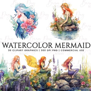 Watercolor Mermaid Clipart Bundle: 30 PNG Graphics (digital Download ...
