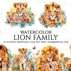 21 bundle de clipart famille Lion aquarelle, clipart aquarelle, téléchargement numérique, téléchargement immédiat, impressions numériques