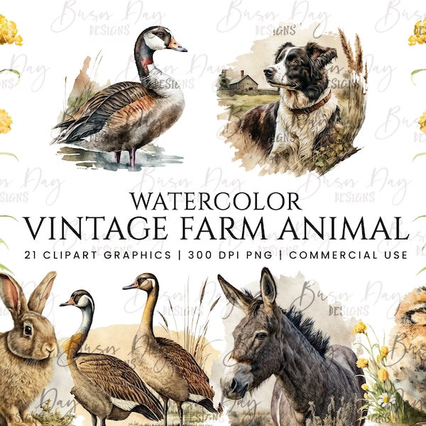 21 Watercolor Vintage Farm animals Clipart, watercolor clipart, digital download, instant download, digital prints, digital planner,