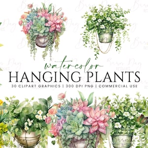 30 Paquete de imágenes prediseñadas de plantas colgantes de acuarela, descarga digital, planificador digital, descarga instantánea, imágenes prediseñadas de acuarela, uso comercial,