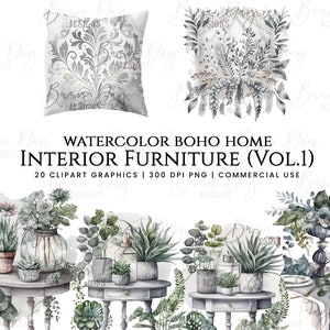 20 Watercolor Boho Home interior furniture clipart , commercial use, digital download, instant download, digital planner