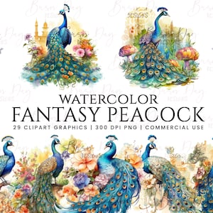 29 Watercolor Fantasy Peacock clipart bundle, digital download, digital planner, instant download, watercolor clipart, commercial use,