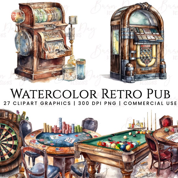 Watercolor Retro Pub Clipart Bundle (Digital Download)