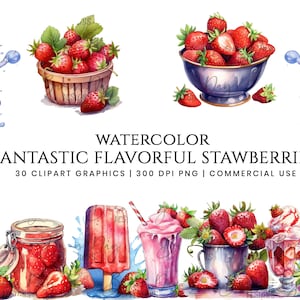 30 Aquarell Geschmackserdbeeren, Clipart-Bundle, Aquarell Clipart, digitaler Download, sofortiger Download, Digitaldruck, kommerzielle Nutzung