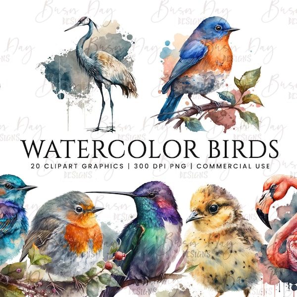 20 Watercolor birds clipart bundle, digital download, digital planner, instant download, watercolor clipart, commercial use,