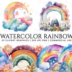 Paquete de 22 imágenes prediseñadas de arco iris de acuarela, Descarga digital, Descarga instantánea, Imágenes prediseñadas de acuarela, Planificador digital
