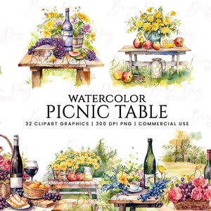 32 Watercolor Picnic table Clipart , watercolor clipart, digital download, instant download, digital prints, commercial use