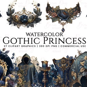 27 Watercolor gothic Princess clipart, clipart bundle, commercial use, digital download, instant download, printable art, watercolor clipart