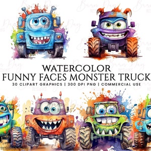 30 Aquarell lustige Gesichter Monstertruck Clipart Bundle, digitaler Download, digitales Papier, digitaler Planer, sofort Download, Digitaldrucke,