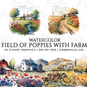 26 Aquarell Mohnblumen Feld, Bauernhof Clipart, digitaler Download, digitales Papier, digitaler Planer, Sofort Download, Digitaldrucke,