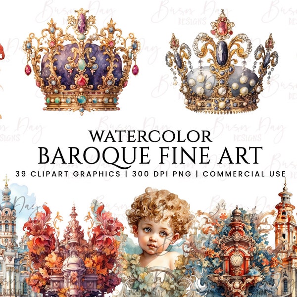 39 Watercolor Baroque Fine art bundle, digital download, digital planner, instant download, watercolor clipart, commercial use,