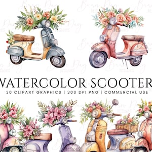 30 Pacchetto clipart scooter acquerello, download digitale, carta digitale, pianificatore digitale, download istantaneo, stampe digitali, uso commerciale,