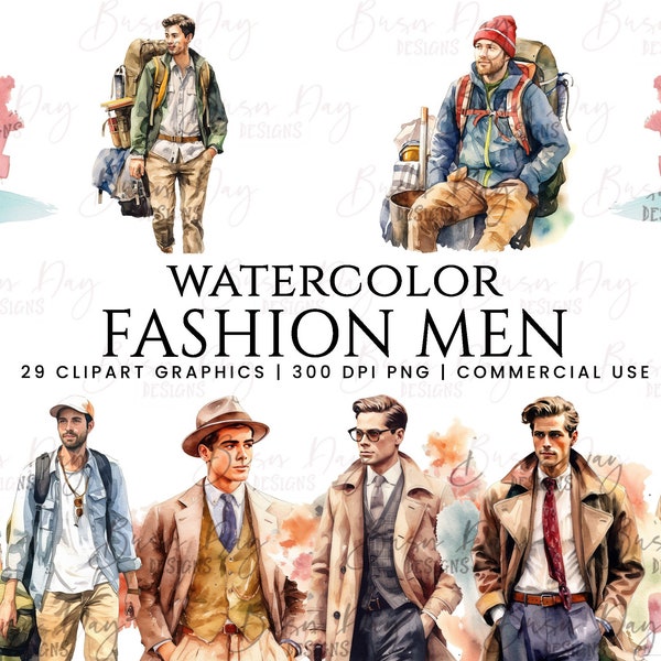 Bundle de clipart aquarelle Fashion Men, téléchargement numérique, planificateur numérique, téléchargement instantané, clipart aquarelle, utilisation commerciale,