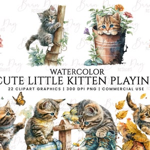 Aquarelle mignon petit chaton jouant des cliparts, clipart aquarelle, téléchargement numérique, téléchargement immédiat, impressions numériques, agenda numérique