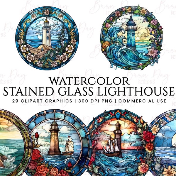 29 Watercolor Stained Glass Lighthouse Clipart bundle, commercial use, digital download, instant download, Watercolor Lighthouse Clipart