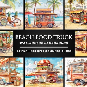 24 Beach Food Truck Pacote de fundo aquarela, download digital, download instantâneo, clipart com desconto, scrapbooking digital,