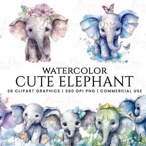 36 Aquarell süße Elefant Clipart Bundle, Clipart Bundle, kommerzielle Nutzung, digitaler Download, sofortiger Download, digitaler Planer