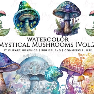 17 watercolor Mystical Mushroom Vol 2 clipart bundle, digital download, digital planner, instant download, watercolor clipart commercial use
