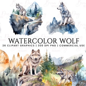 26 Watercolor Wolf clipart bundle, watercolor clipart, digital download, instant download, digital prints