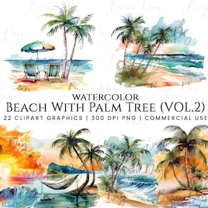 22 Playa de acuarela con palmera Vol 2 paquete de imágenes prediseñadas, descarga digital, planificador digital, descarga instantánea, imágenes prediseñadas de acuarela, archivos png