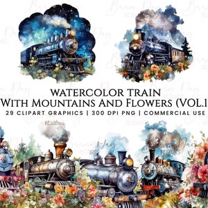 29 Tren de acuarela con imágenes prediseñadas de montañas florales, descarga digital, papel digital, planificador digital, descarga instantánea, uso comercial