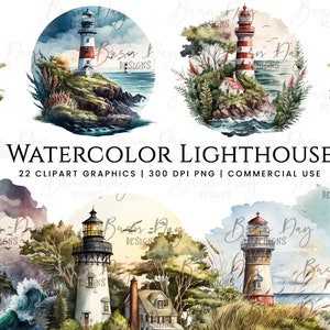 May include: A set of 22 watercolor clipart graphics featuring lighthouses in various settings. The illustrations are in a whimsical style with a focus on coastal scenes. The graphics are 300 DPI and suitable for commercial use.