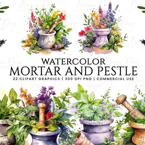 22 Watercolor Mortar and Pestle clipart bundle, digital download, digital planner, watercolor clipart, commercial use,