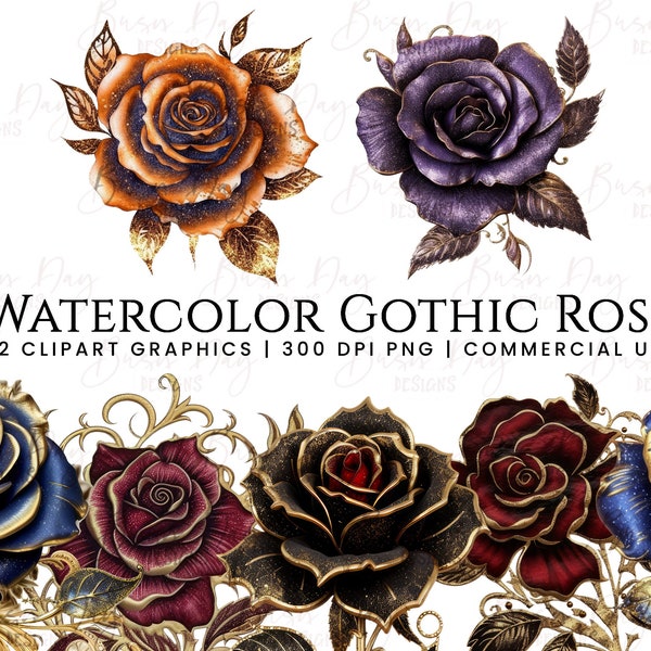 32 Watercolor gothic rose clipart bundle, digital download, instant download, watercolor clipart, Digiral planner