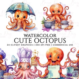 24 Watercolor Octopus clipart bundle, digital download, digital paper, digital planner, instant download, digital prints