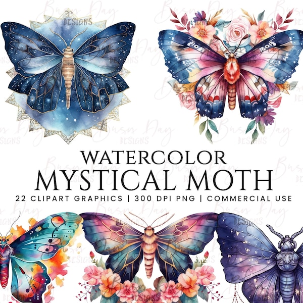 22 Watercolor mystical moth clipart bundle, commercial use, digital download, instant download, printable art