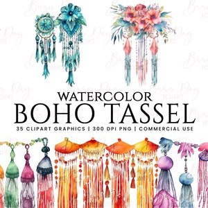 35 Watercolor Boho Tassel clipart bundle, clipart bundle, commercial use, digital download, instant download,