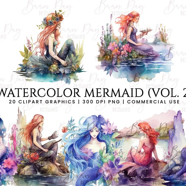 Watercolor mermaid vol 2 Clipart , clipart bundle, commercial use, digital download, instant download,  Clip art