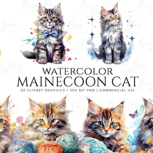 26 Aquarell Maine Coon Katze Clipart Bundle, Aquarell Clipart, digitaler Download, Sofort-Download, Digitaldrucke, Digitaler Planer
